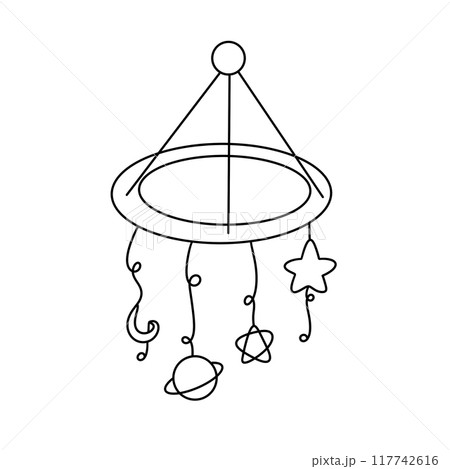 A black and white drawing of a baby mobile with a star and planets 117742616