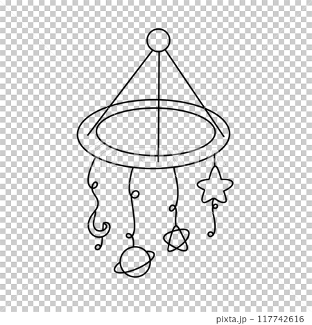 A black and white drawing of a baby mobile with a star and planets 117742616