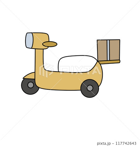 A yellow scooter with a box on the back A yellow scooter with a box on the back 117742643