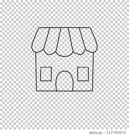 A small white house with a blue awning 117742673