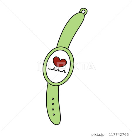 A green wristwatch with a heart on it 117742766