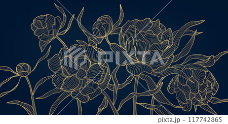 Vector gold on blue line flower pattern, luxury art background. Leaves and peonies abstract wallpaper, texture plant ornament, wedding illustration 117742865