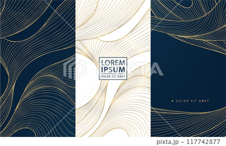 Vector set of wave design line labels, sea patterns, wine package. Art japanese texture, gold luxury abstract ornament. Elegant ocean graphic, fancy illustration. 117742877