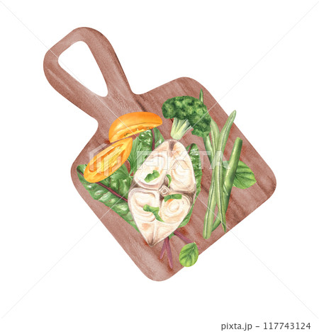 Grilled white fish with fresh green vegetables, leaves, yellow tomato slice on rectangle wooden desk watercolor illustration. Sturgeon steak with greens for healthy food recipes, menu, cookbook Grilled white fish with fresh green vegetables, leaves, yellow tomato slice on rectangle wooden desk watercolor illustration. Sturgeon steak with greens for healthy food recipes, menu, cookbook 117743124