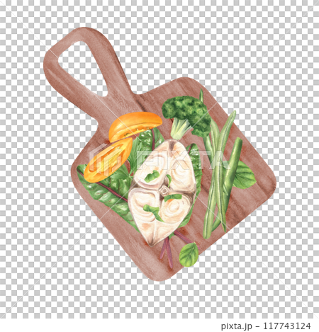 Grilled white fish with fresh green vegetables, leaves, yellow tomato slice on rectangle wooden desk watercolor illustration. Sturgeon steak with greens for healthy food recipes, menu, cookbook Grilled white fish with fresh green vegetables, leaves, yellow tomato slice on rectangle wooden desk watercolor illustration. Sturgeon steak with greens for healthy food recipes, menu, cookbook 117743124