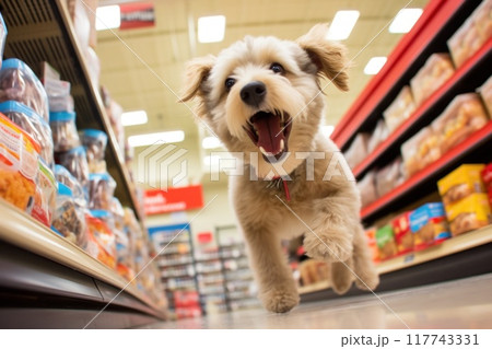 Excited dog running through a pet store aisle 117743331