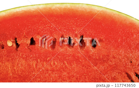 Ripe juicy red watermelon with seeds close-up on white background Ripe juicy red watermelon with seeds close-up on white background 117743650