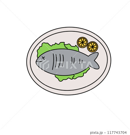 A cartoon fish is on a plate with a green leaf and two lemons 117743704