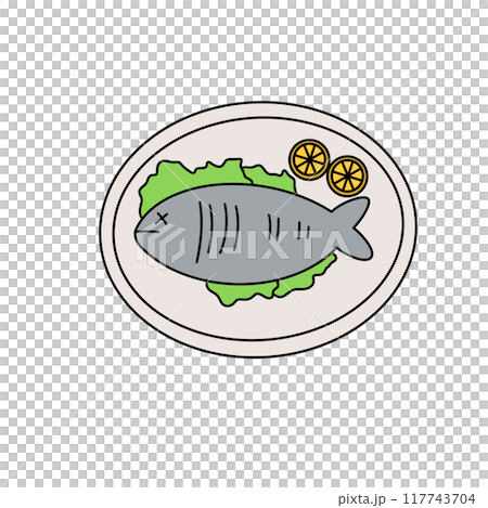 A cartoon fish is on a plate with a green leaf and two lemons 117743704