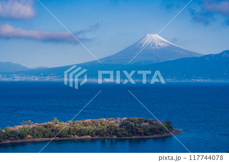 【静岡県】大瀬崎（おせざき）から海越しの富士山　朝 117744078