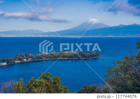 【静岡県】大瀬崎（おせざき）から海越しの富士山　朝 117744079