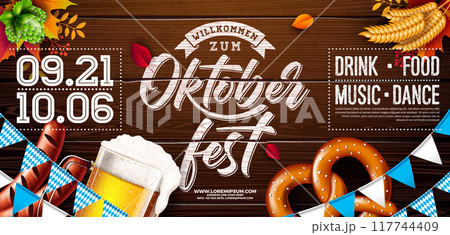 Oktoberfest Party Banner Illustration with Blue and White Bavaria Party Flag and Fresh Lager Beer in Typography Letter on Vintage Wooden Background. Vector Celebration Flyer Template for Traditional Oktoberfest Party Banner Illustration with Blue and White Bavaria Party Flag and Fresh Lager Beer in Typography Letter on Vintage Wooden Background. Vector Celebration Flyer Template for Traditional 117744409