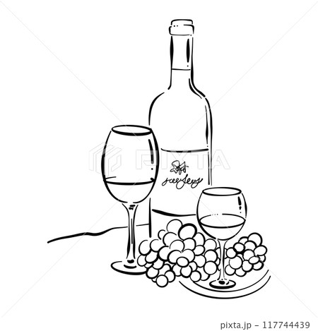 Bottle of wine, two glasses and a basket of grapes. Vintage drawing in sketch style. Vector doodle 117744439
