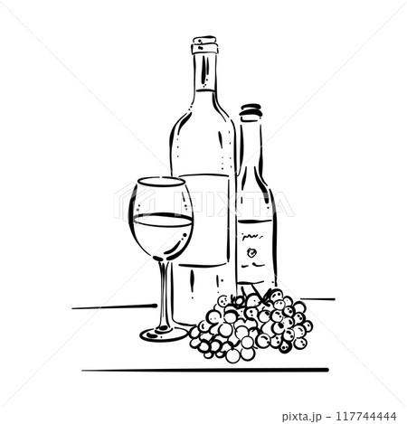 Bottle of wine, two glasses and a basket of grapes. Vintage drawing in sketch style. Vector doodle 117744444