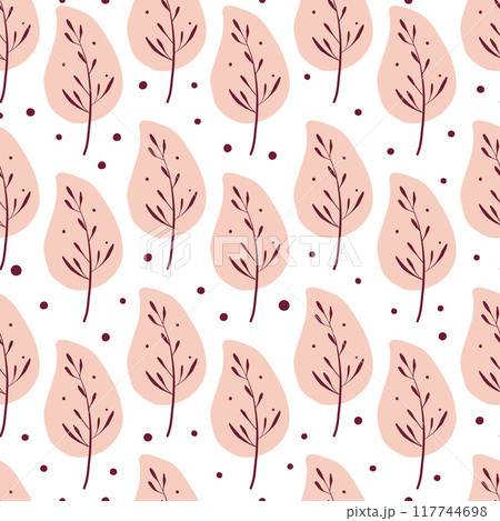 Seamless pattern with autumn leaves. Trendy flat style. Great for backgrounds, apparel & editorial design, cards, gift wrapping paper, home decor etc. 117744698