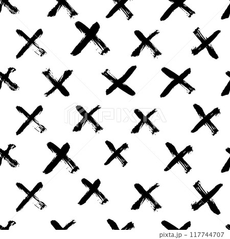 Doodle Hand drawn cross and plus sign. Vector seamless pattern with black crosses.  Black paint brush strokes geometrical pattern. Good for wallpaper, textile design, graphic design. 117744707