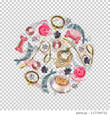Round composition, logo. Pet accessories, leashes, collars, pet toys, food and feed. All objects are hand-drawn with watercolors. Watercolor composition. For printing on packaging, products, fabric. 117744732