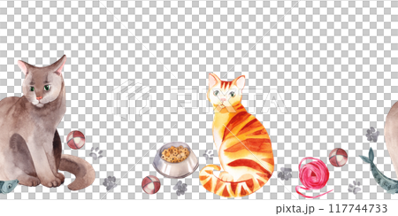 Cats of different breeds, red tabby cat, gray cat, bowl with food, balls for games, ball of wool, all objects are hand-drawn with watercolors. For printing, posters, packaging of goods for animals. Cats of different breeds, red tabby cat, gray cat, bowl with food, balls for games, ball of wool, all objects are hand-drawn with watercolors. For printing, posters, packaging of goods for animals. 117744733