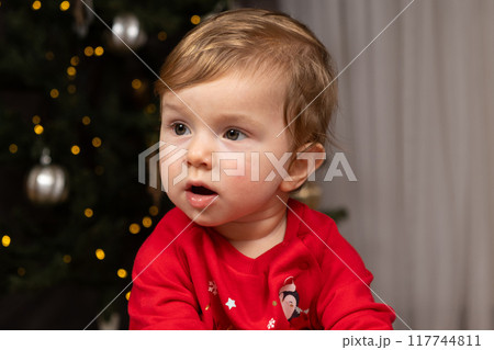 Portrait of funny red-haired kid at Christmas near Christmas tree 117744811