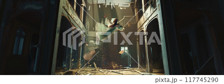 Banner. In ruins of grand hall, woman ascends, defying gravity as Halloween dreams blur lines between living and spectral. 117745290