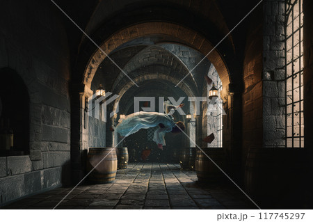 Woman in white gown floats through shadowy corridors of medieval castle, her presence haunting dream on Halloween night. 117745297