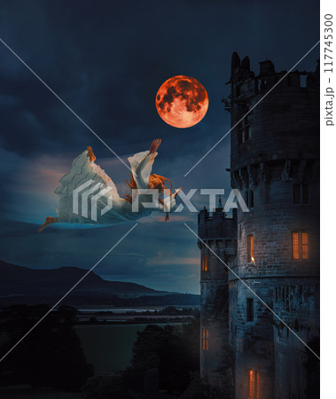 Spectral woman floats towards crimson moon over ancient castle, Halloween vision of ethereal beauty and mystery. Spectral woman floats towards crimson moon over ancient castle, Halloween vision of ethereal beauty and mystery. 117745300