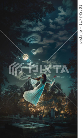 Moonlit Dance. In graveyard under glowing full moon, ghostly figure levitates, her dress flowing like mist in dream. Moonlit Dance. In graveyard under glowing full moon, ghostly figure levitates, her dress flowing like mist in dream. 117745301
