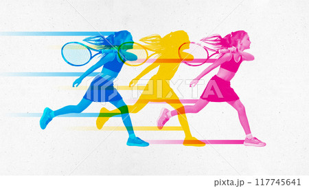 Young girl, tennis player in motion with racket, running to hit ball, with dynamic lines emphasizing speed and energy in tennis. Contemporary art collage. 117745641