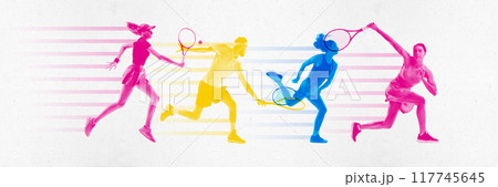 Four players in vibrant overlapping silhouettes, in different stage of tennis action, competing, training with energy. Contemporary art collage. Four players in vibrant overlapping silhouettes, in different stage of tennis action, competing, training with energy. Contemporary art collage. 117745645