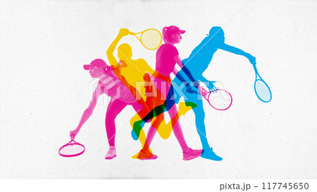 Overlapping colorful silhouettes of men and women, tennis players in dynamic motion during game. Contemporary art collage. 117745650