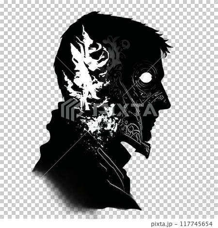Black silhouette of a man in a mask on dark background. 117745654