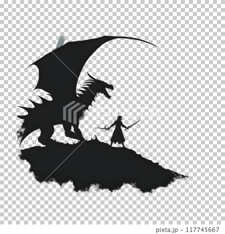 Black silhouette of a warrior and dragon on light background. 117745667
