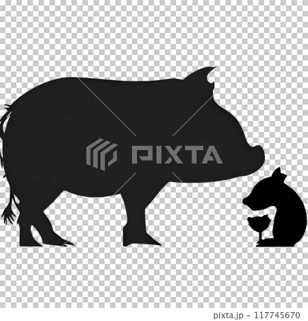 Black silhouette of two pigs on white background. 117745670
