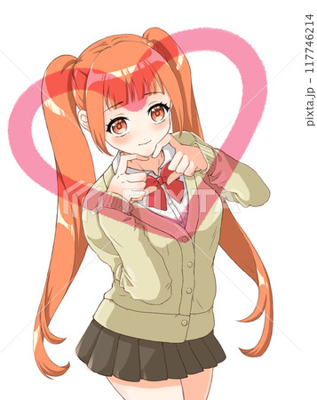 萌えアニメ風キャラクター立ち絵　 指ハートをする女子高生 117746214