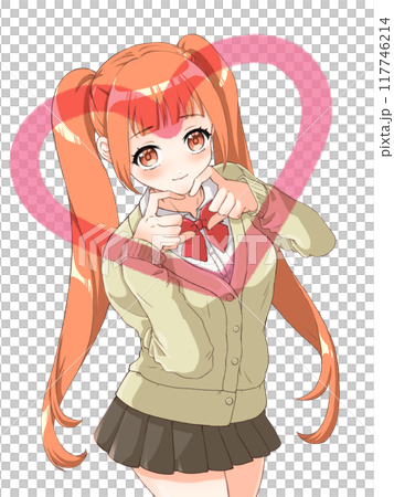 萌えアニメ風キャラクター立ち絵　 指ハートをする女子高生 117746214