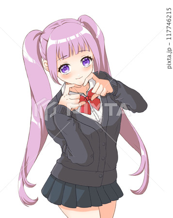 萌えアニメ風キャラクター立ち絵 指ハートをする女子高生のイラスト