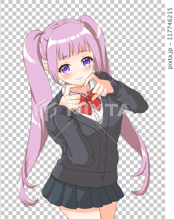 萌えアニメ風キャラクター立ち絵 指ハートをする女子高生のイラスト