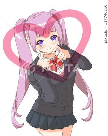 萌えアニメ風キャラクター立ち絵　 指ハートをする女子高生 117746216