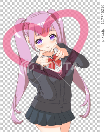 萌えアニメ風キャラクター立ち絵　 指ハートをする女子高生 117746216