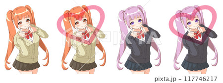 萌えアニメ風キャラクター立ち絵　 指ハートをする女子高生 117746217