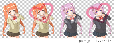 萌えアニメ風キャラクター立ち絵　 指ハートをする女子高生 117746217