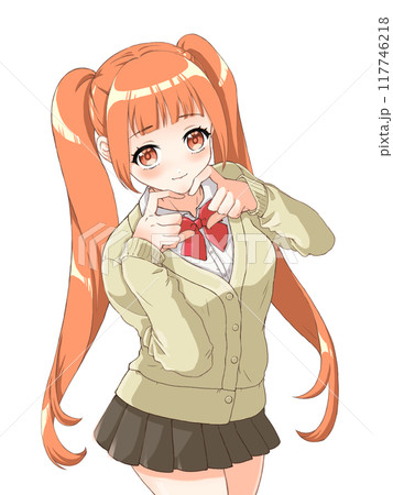 萌えアニメ風キャラクター立ち絵 指ハートをする女子高生のイラスト