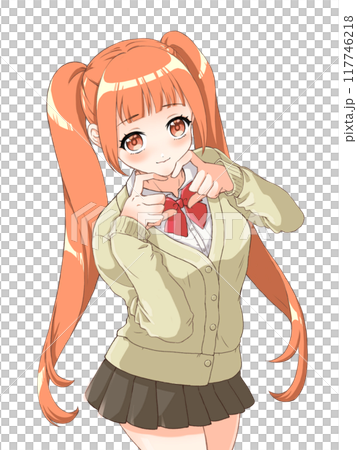 萌えアニメ風キャラクター立ち絵 指ハートをする女子高生のイラスト