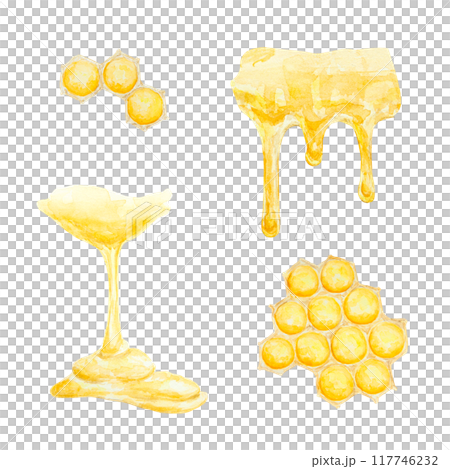 Sweet honey. Watercolor hand drawn illustration. Isolated, cut out clip art. The drawing is suitable for prints, stickers, beekeeping product packaging design, spa treatments, cosmetics, cooking Sweet honey. Watercolor hand drawn illustration. Isolated, cut out clip art. The drawing is suitable for prints, stickers, beekeeping product packaging design, spa treatments, cosmetics, cooking 117746232
