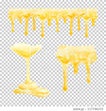 Sweet honey. Watercolor hand drawn illustration. Isolated, cut out clip art. The drawing is suitable for prints, stickers, beekeeping product packaging design, spa treatments, cosmetics, cooking Sweet honey. Watercolor hand drawn illustration. Isolated, cut out clip art. The drawing is suitable for prints, stickers, beekeeping product packaging design, spa treatments, cosmetics, cooking 117746233