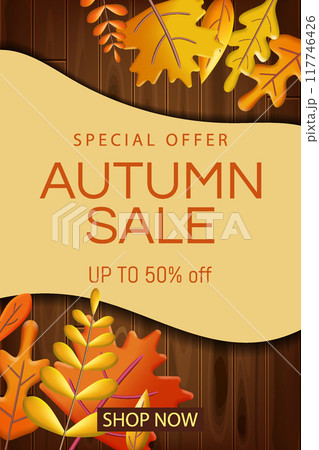 Autumn Sale, 3d background with yellow orange leaves 117746426