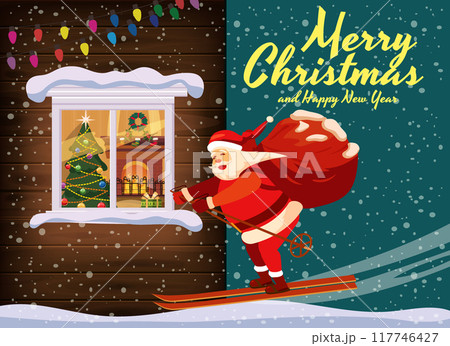 Santa Claus flying in the night sky by ski with sack full gifts, winter old town Santa Claus flying in the night sky by ski with sack full gifts, winter old town 117746427