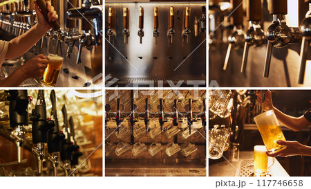 Collage of different beer taps in luxurious bar setting, featuring a variety of styles, including chrome handles and rustic wooden ones 117746658