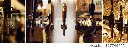 Hands skillfully pouring golden beer from classic taps, filling frosty glasses. The glow of amber beer under soft bar lighting sets the perfect pub mood. Hands skillfully pouring golden beer from classic taps, filling frosty glasses. The glow of amber beer under soft bar lighting sets the perfect pub mood. 117746665