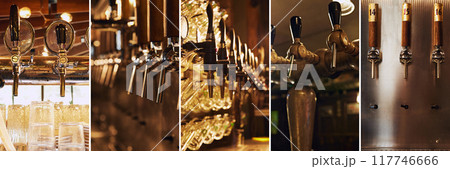Close-up collection of beer taps in various designs, capturing the industrial yet inviting vibe of well-loved pub. Perfect for showcasing a brewery craft. Close-up collection of beer taps in various designs, capturing the industrial yet inviting vibe of well-loved pub. Perfect for showcasing a brewery craft. 117746666